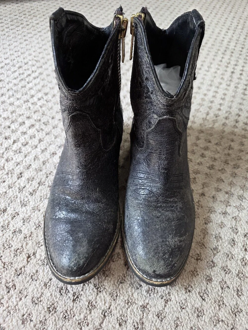 Steven By Steve Madden Black Leather Western Ankle Booties with Gold Zip